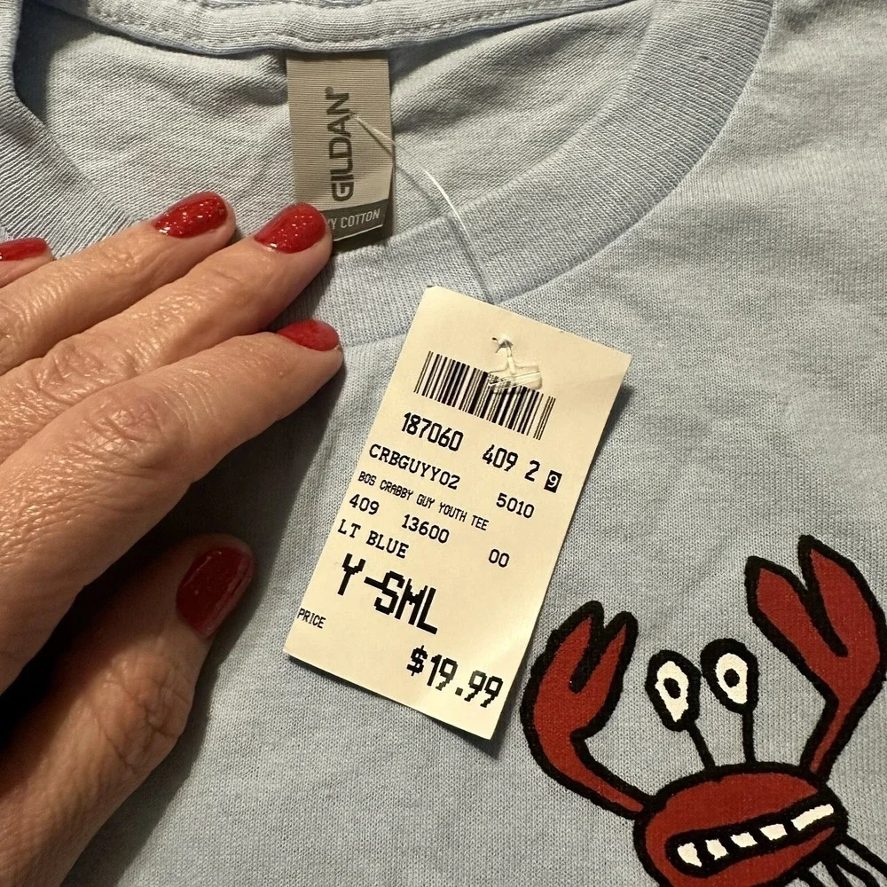 Big‎ Hed Designs Boston Crabby Guy Youth Small T-Shirt Light Blue New NWT